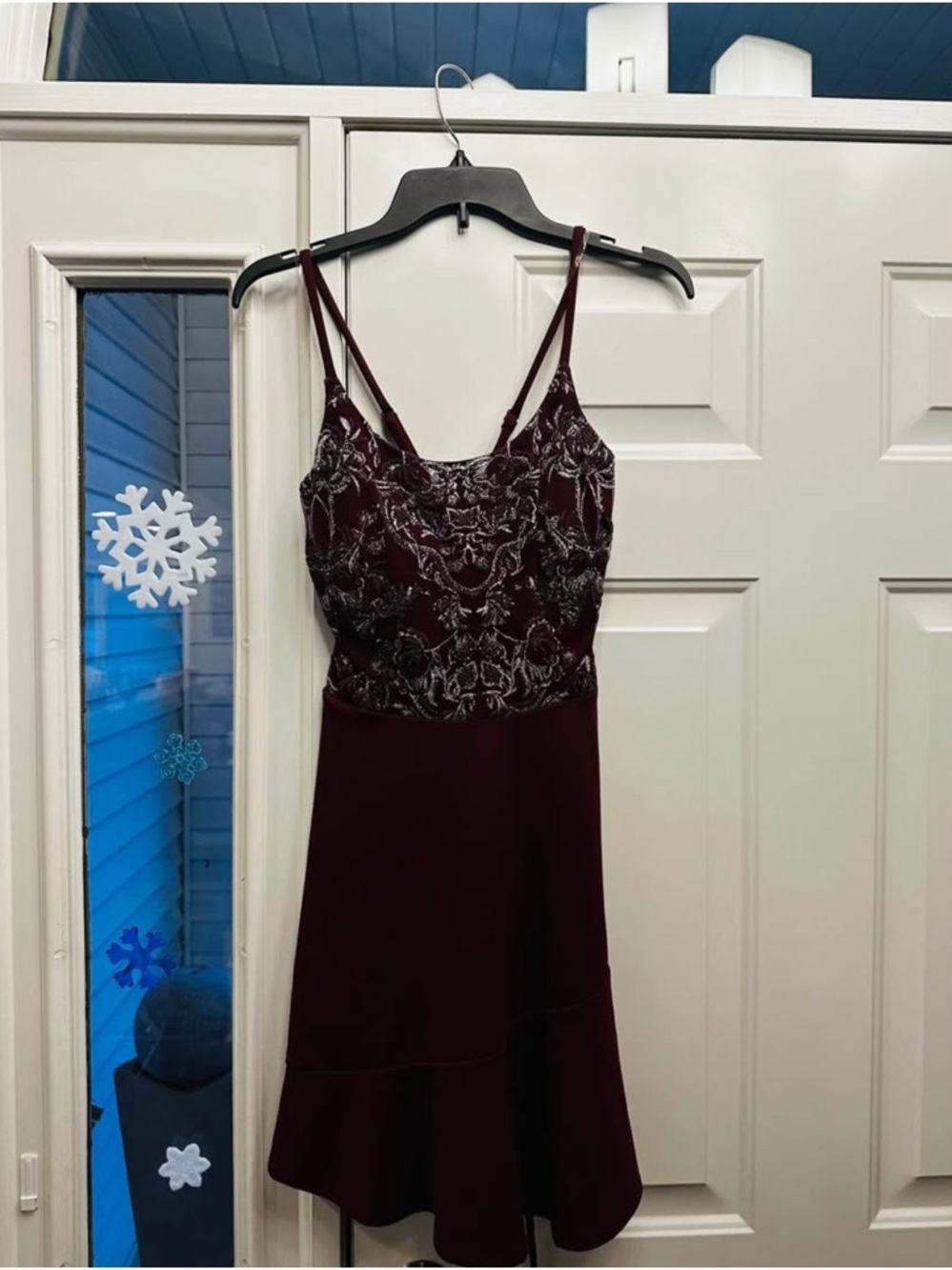 Womens Burgundy Embroidered Bodice A-Line Dress